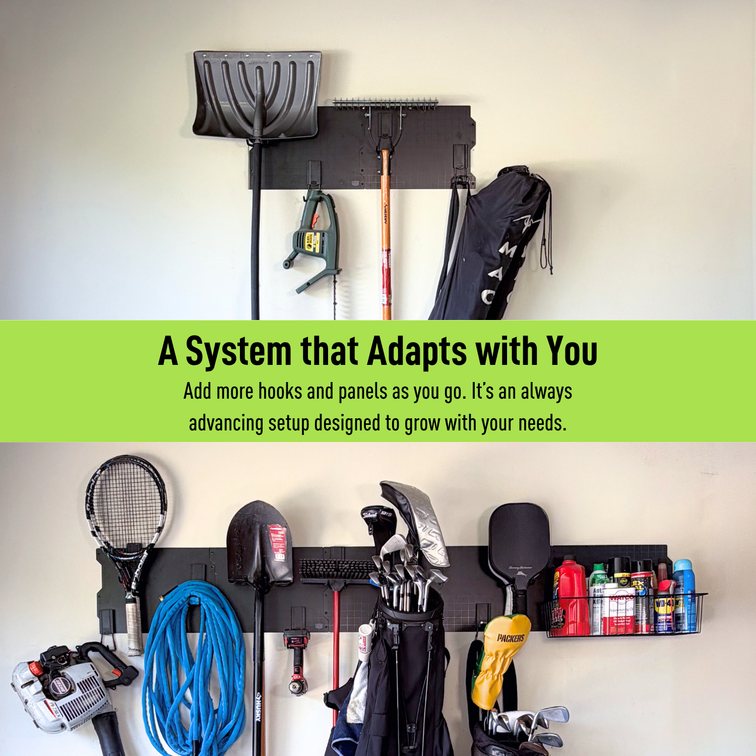 Expandable black magnetic wall storage system shown growing as storage needs change.