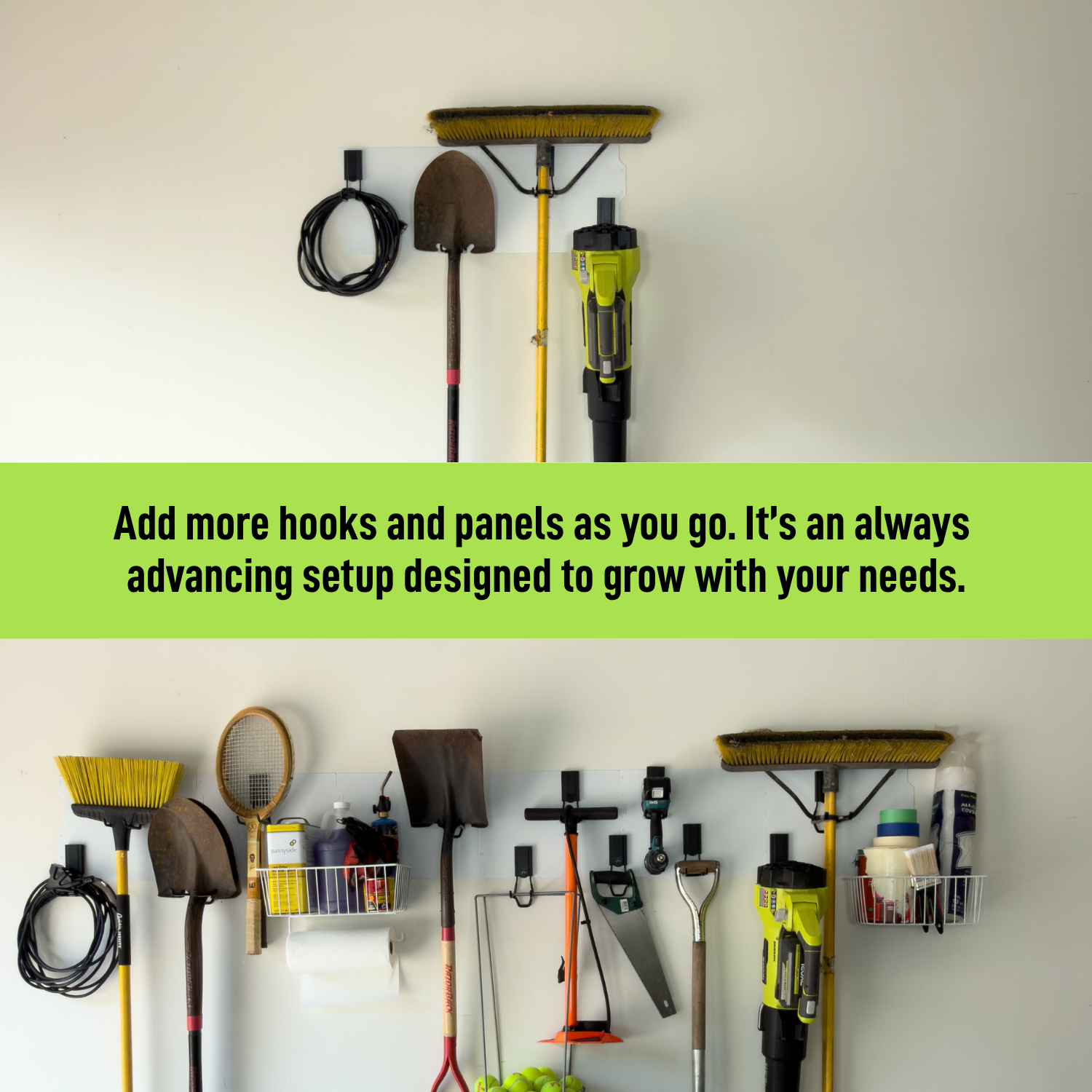 Expandable white magnetic wall storage system shown growing as storage needs change.