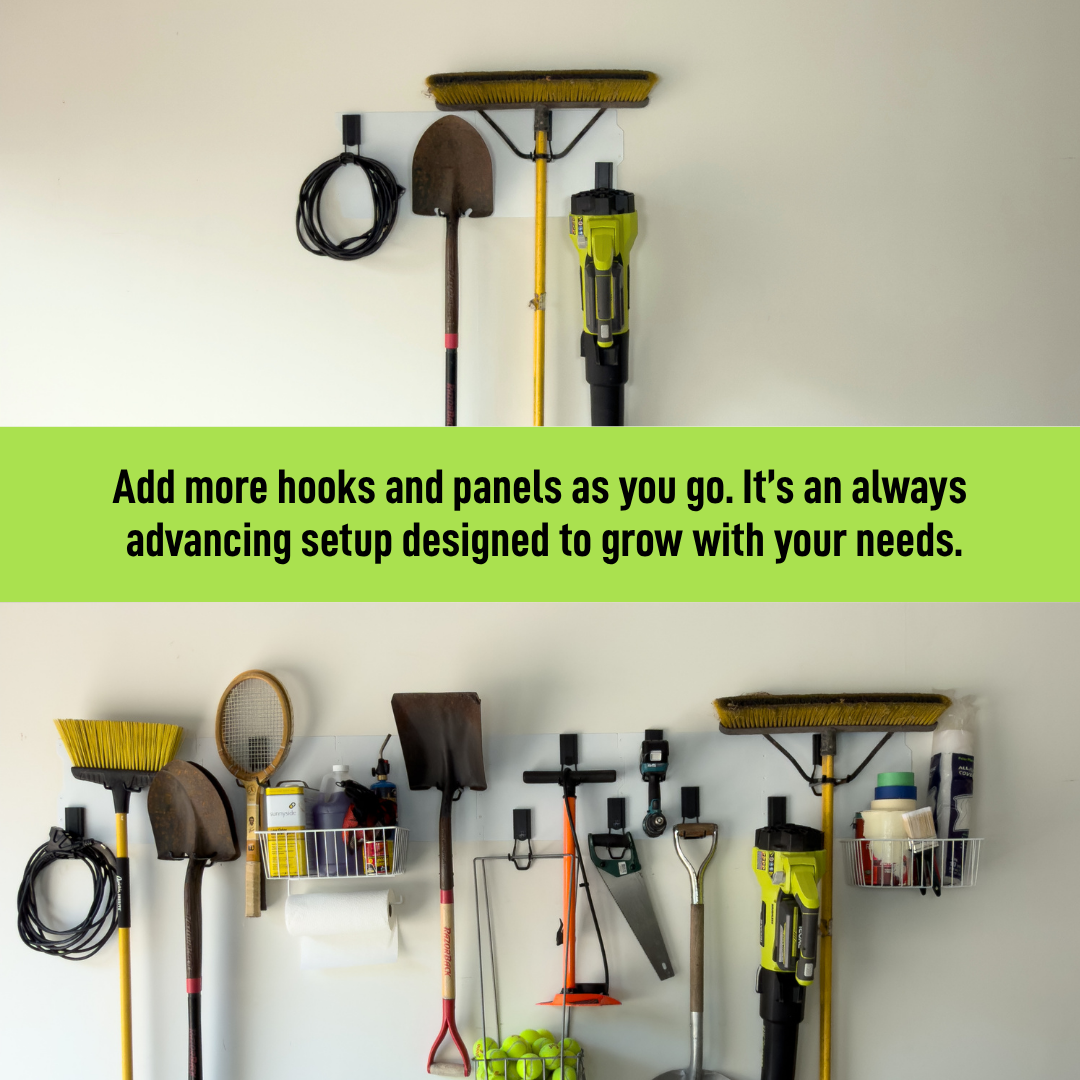 Expandable white magnetic wall storage system shown growing as storage needs change.