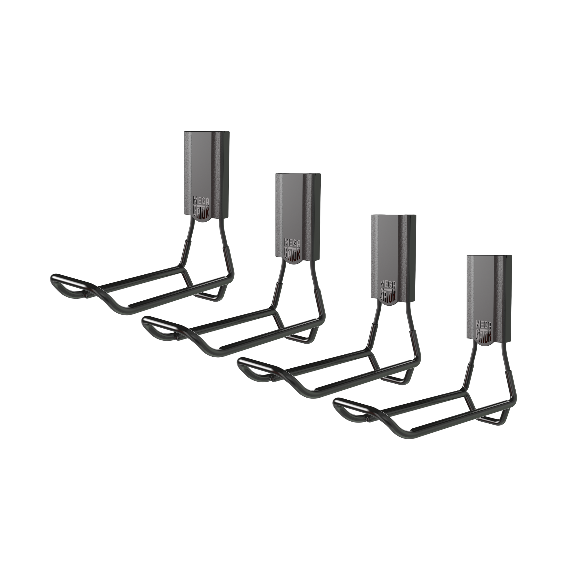 Four black 6-inch MEGA closed heavy-duty magnetic hooks on a white background.