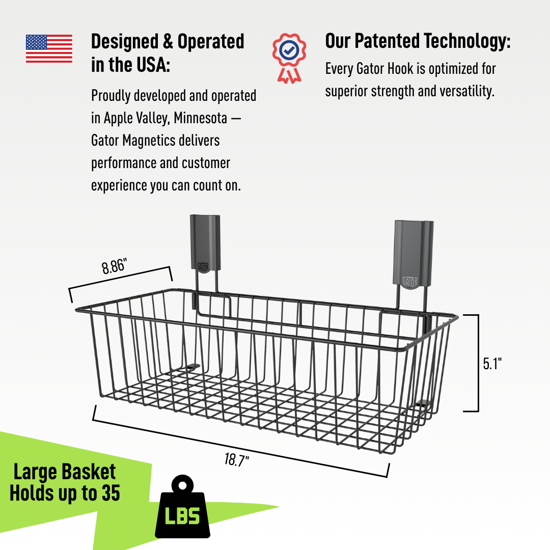 Gator large magnetic basket dimension diagram showing 18.7 by 8.86 by 5.1 inches and 35-pound capacity.