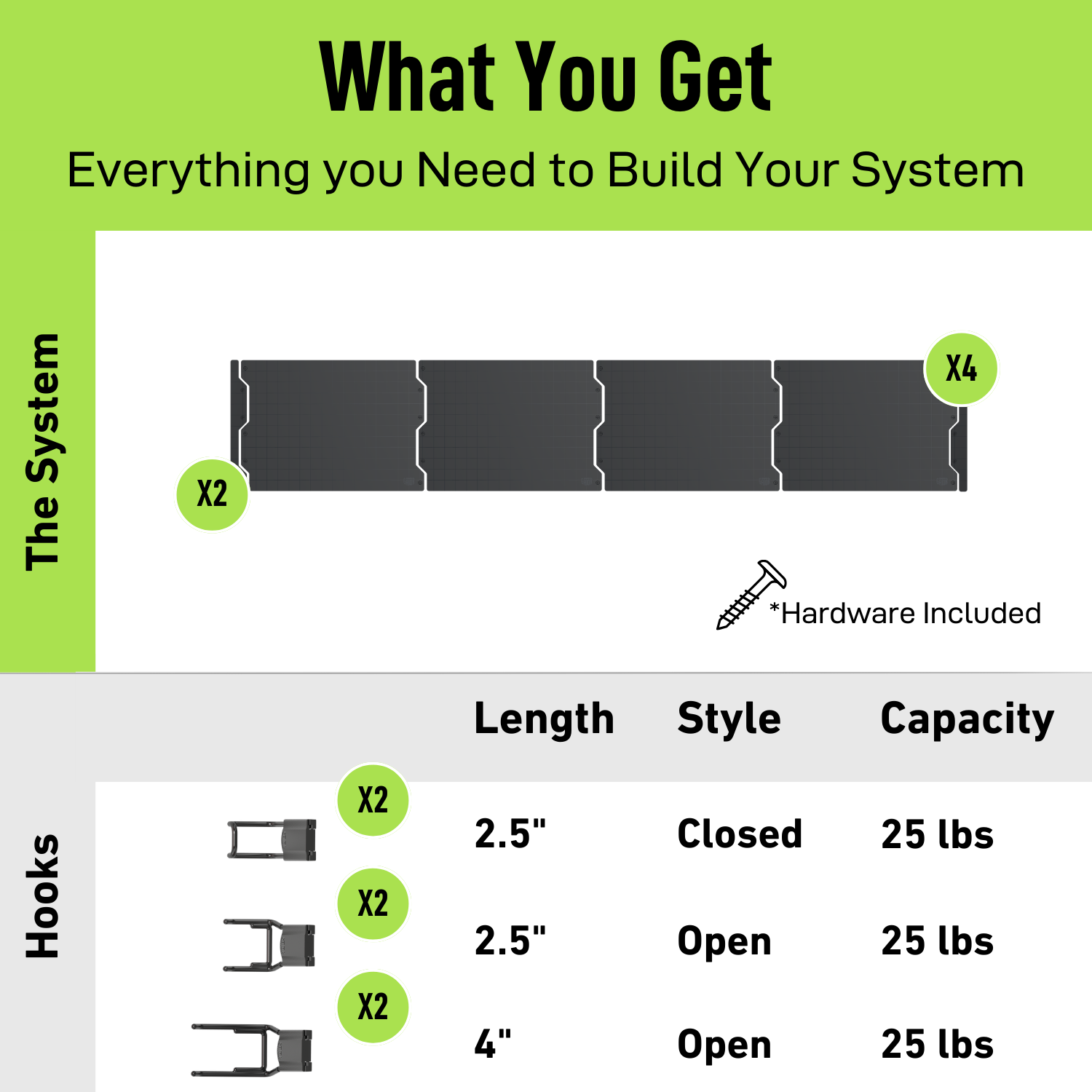 Magnetic Garage Storage Starter Kit contents with steel wall panels and six magnetic hooks.