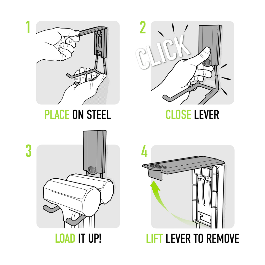 Gator magnetic hook installation and removal guide showing the Easy-Off lever on a steel surface.