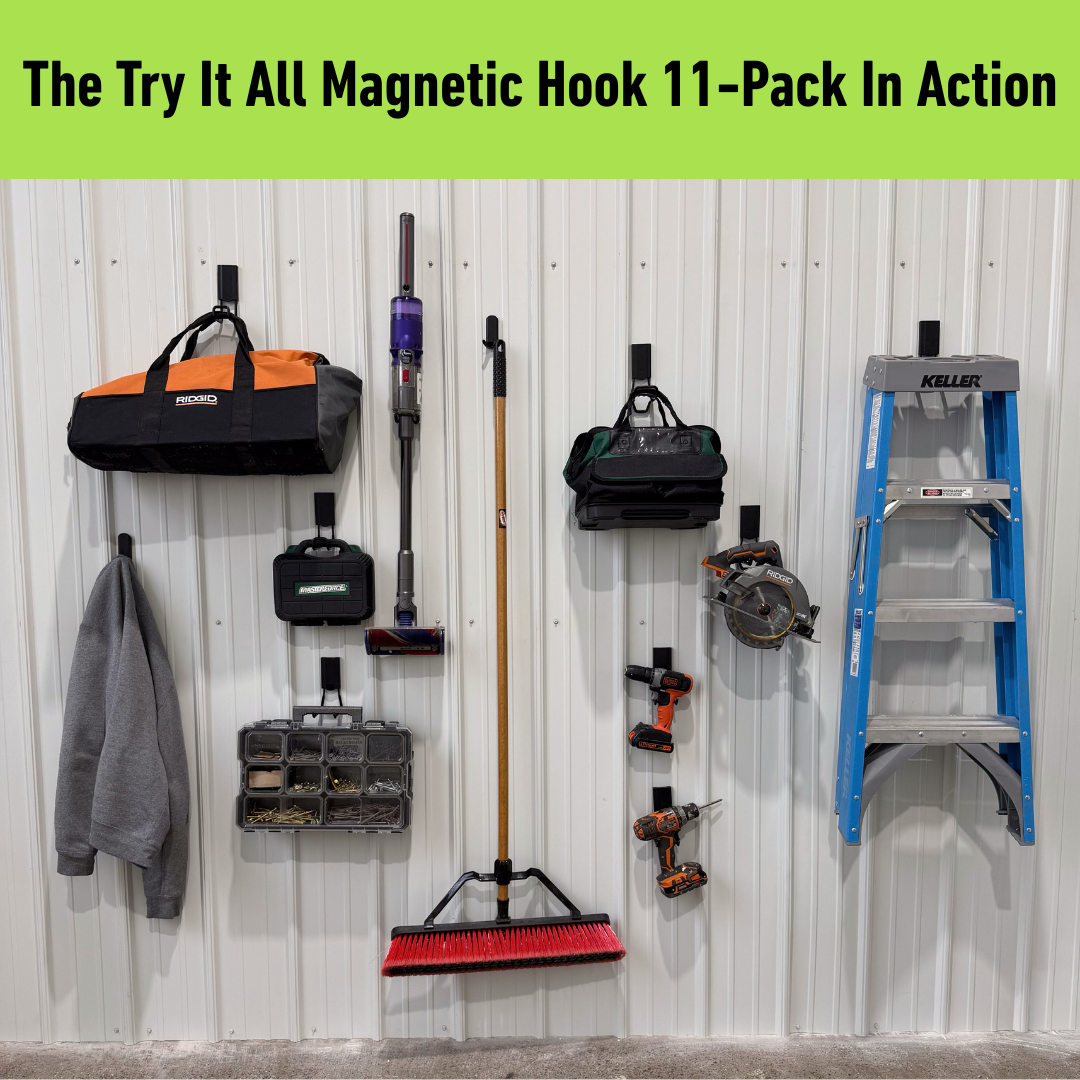 Gator magnetic hooks organizing tool bags, vacuum, broom, drills and circular saw on steel surfaces.
