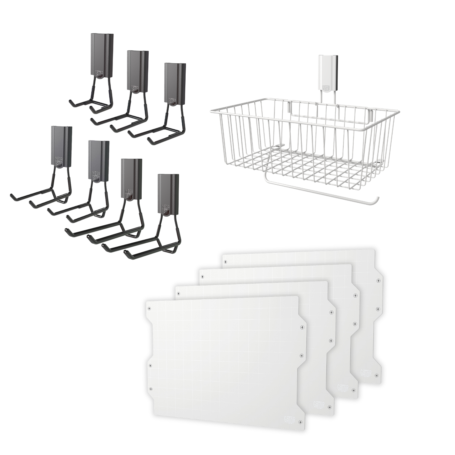 White 67-inch magnetic wall storage kit with steel panels, baskets and magnetic hooks.