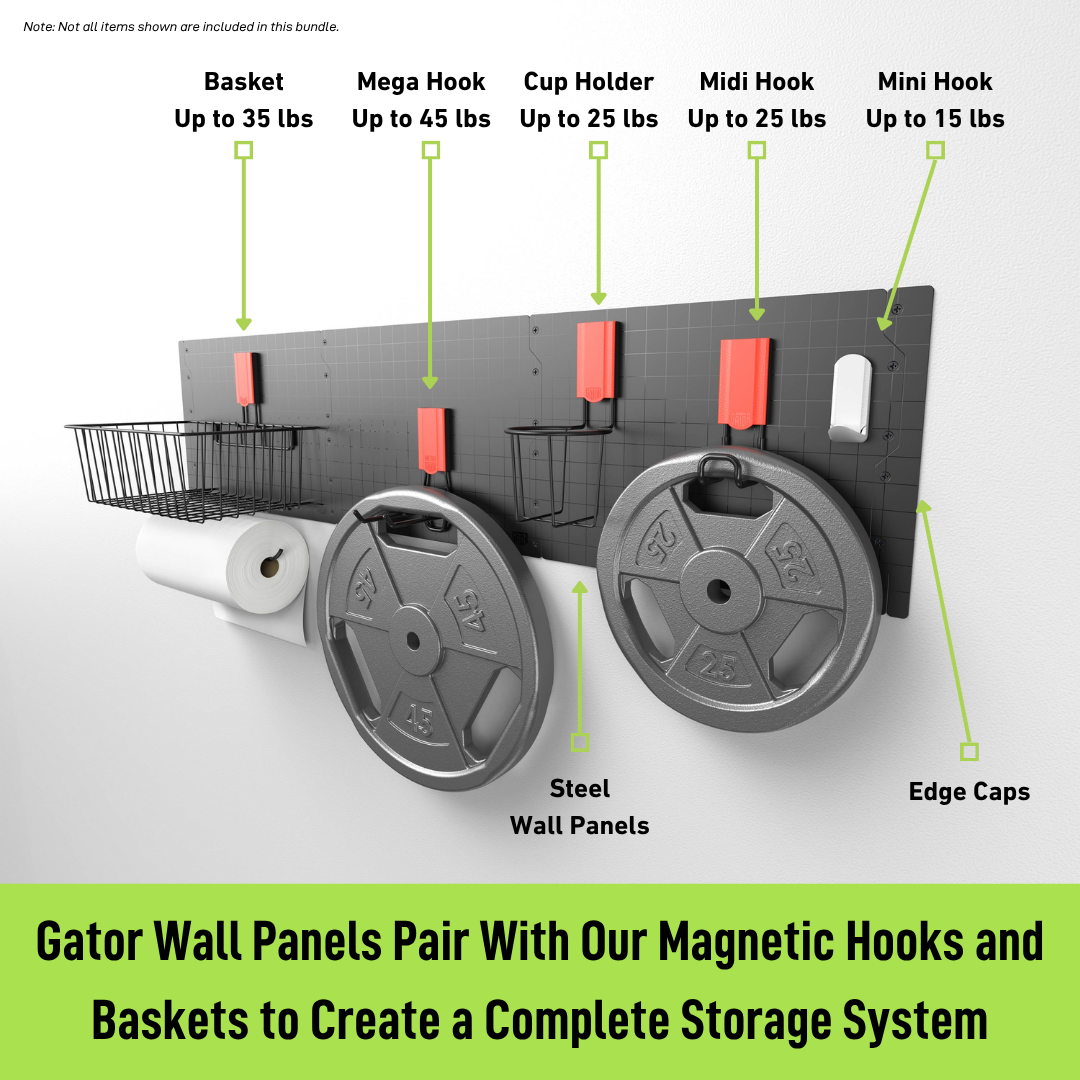 Gator magnetic wall storage system diagram showing panels, hooks, baskets and edge caps.