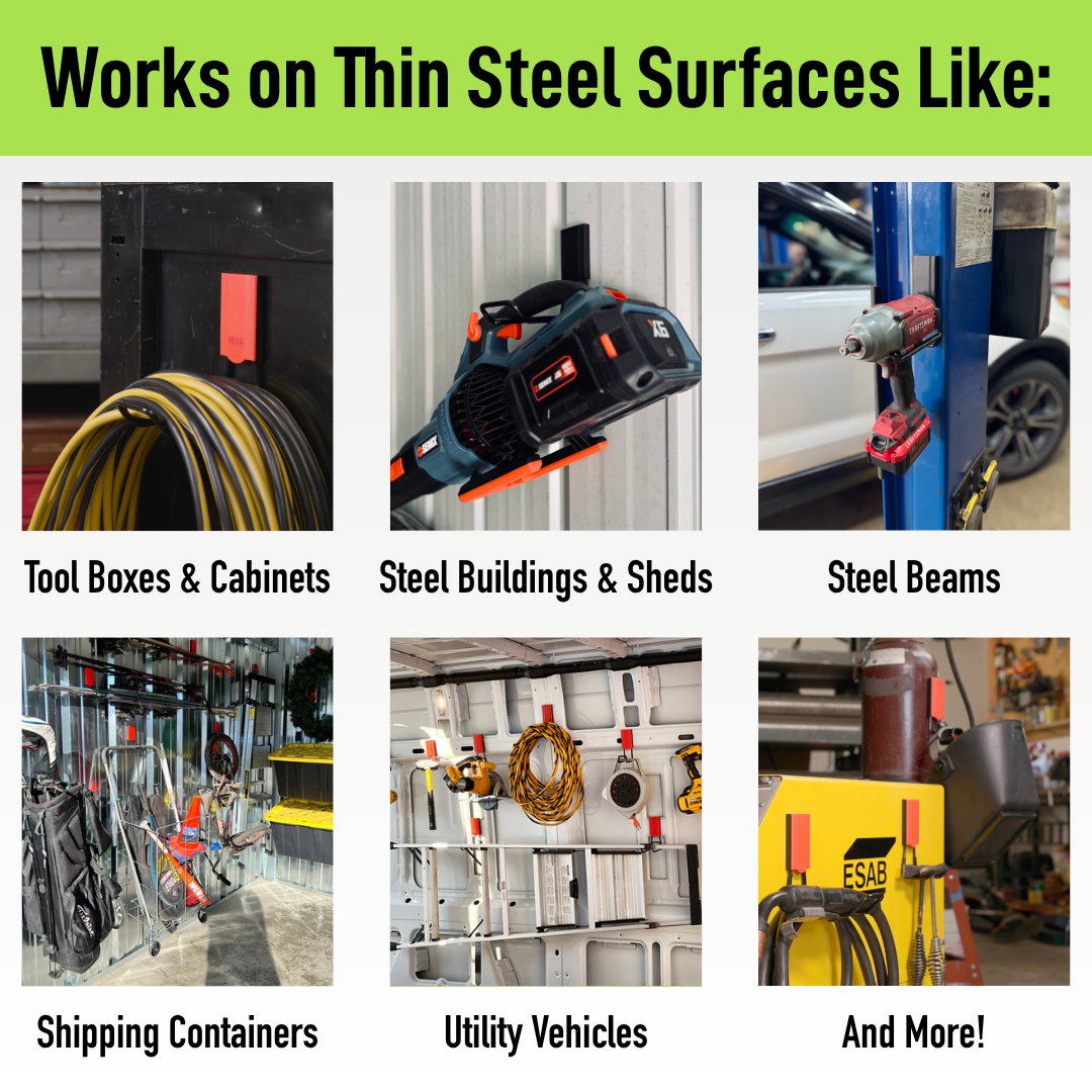 Six Gator 6-inch MEGA closed magnetic hook use cases on steel surfaces.