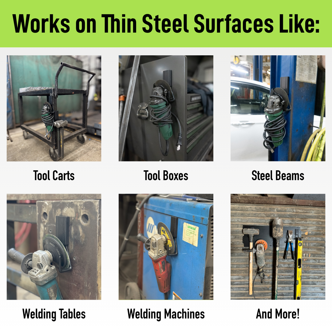 Six Gator angle grinder hook use cases on steel tool carts, toolboxes and workshop equipment.