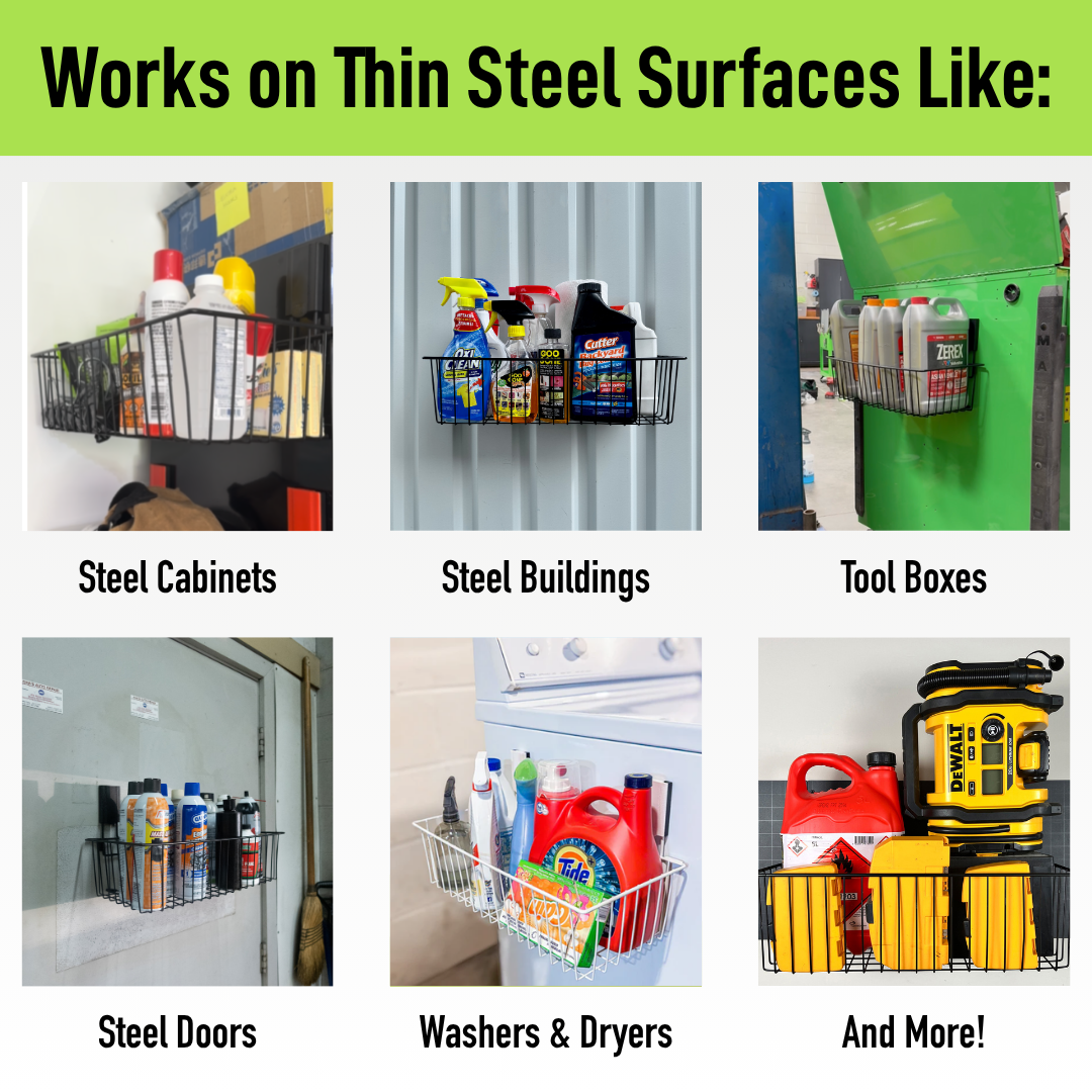 Six Gator magnetic basket use cases holding cleaning supplies, automotive fluids and power tools on steel.