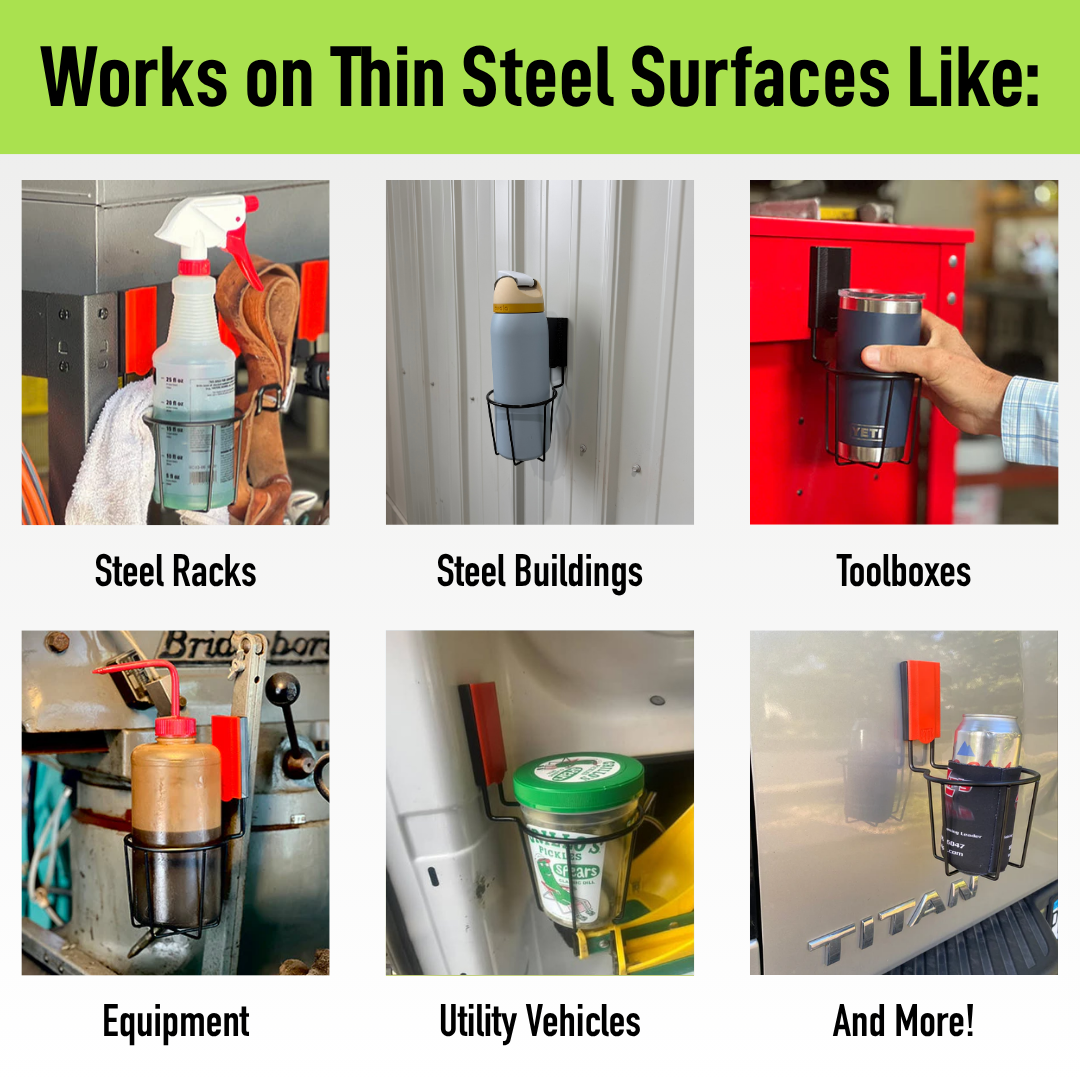 Six Gator magnetic hook and cup holder examples securing workshop supplies to thin steel surfaces.