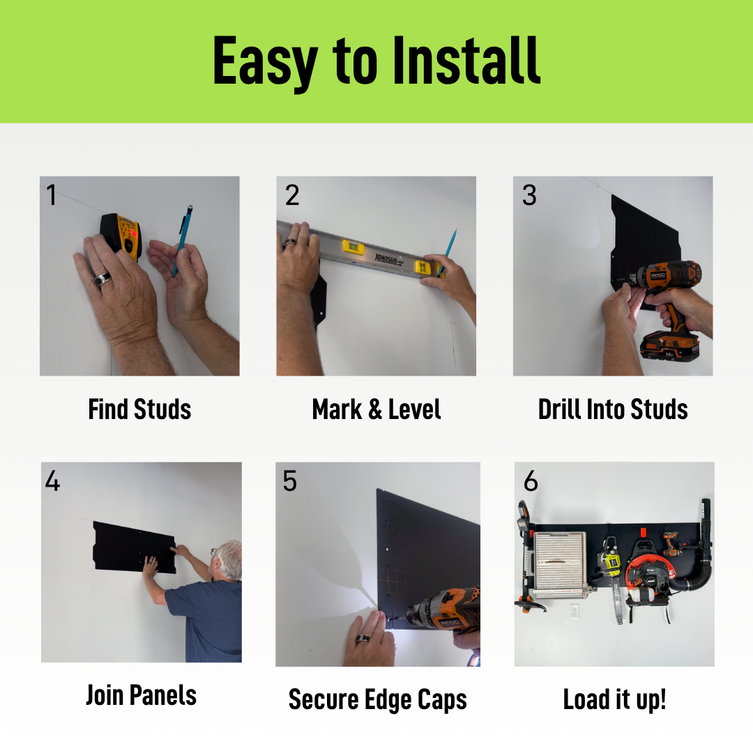 Six-step Gator Steel Wall Panel installation guide using a stud finder, level and wall fasteners.