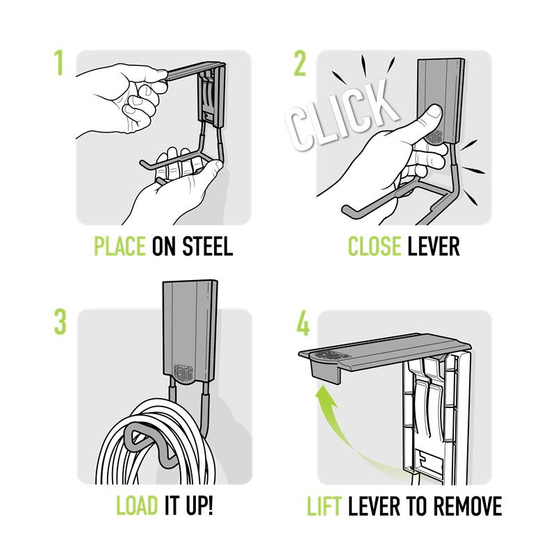 Step-by-step guide for installing and removing a Gator magnetic hook with the Easy-Off lever on steel.