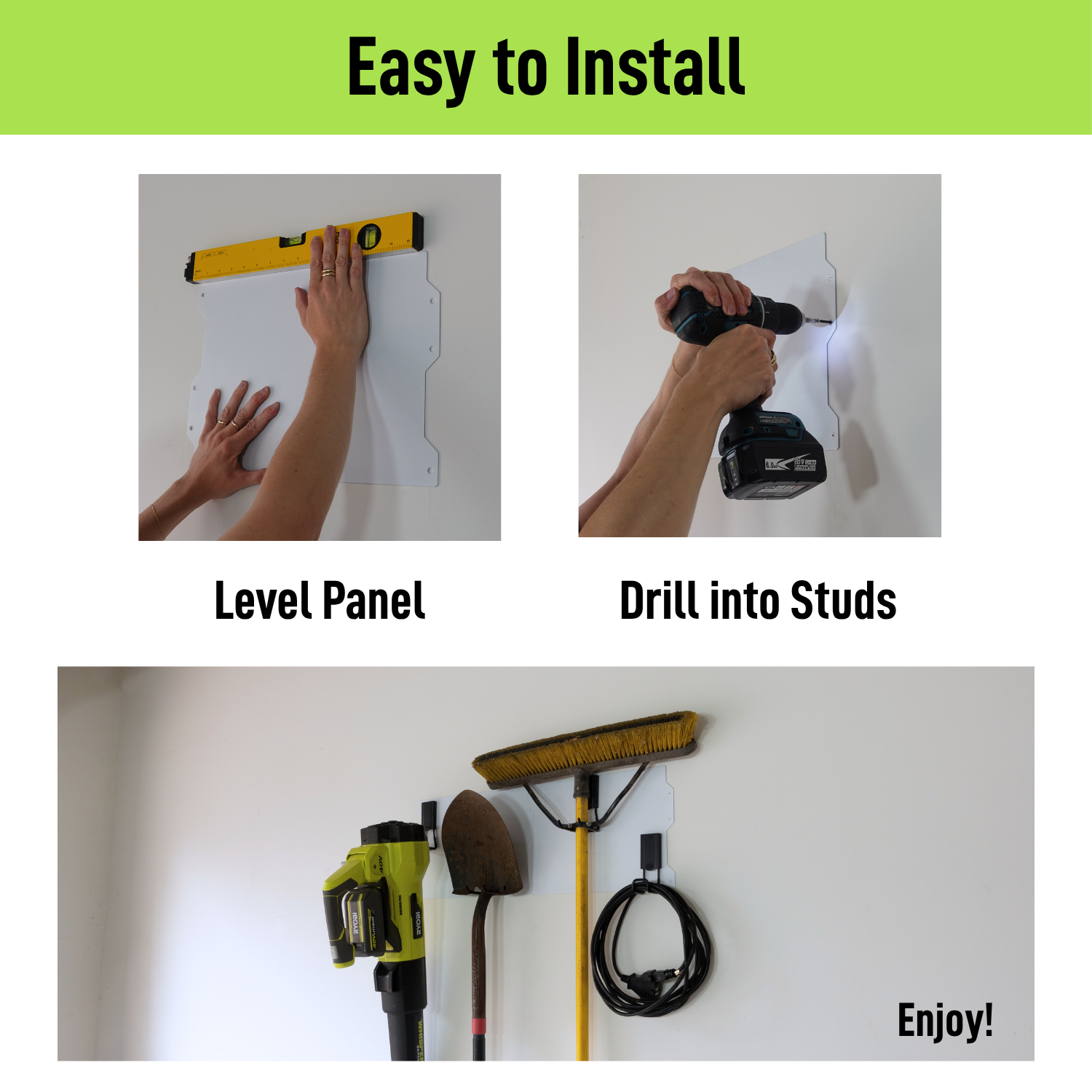 Three-step installation guide for Gator Magnetics steel wall panels.