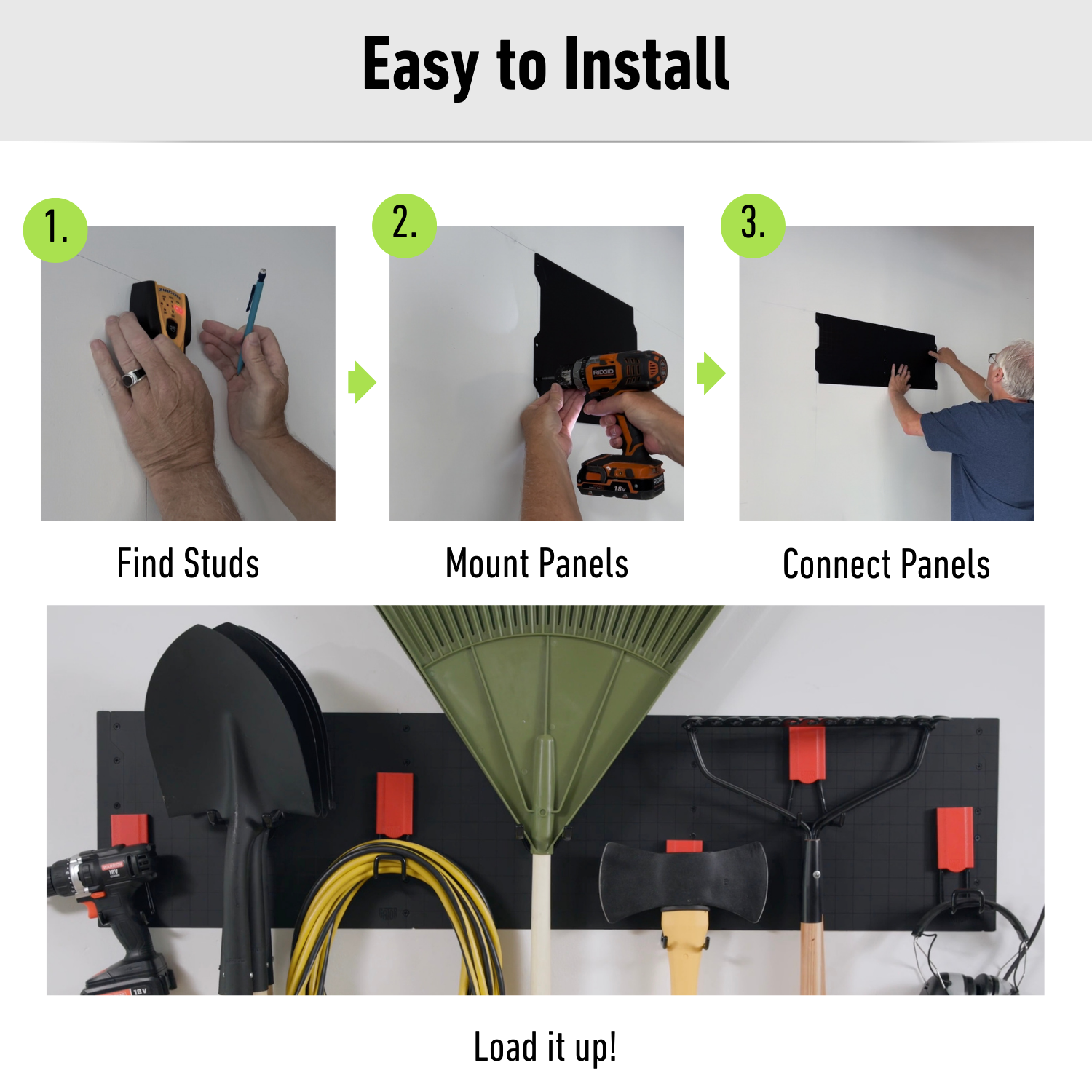 Three-step installation guide for Gator Magnetics steel wall panels.