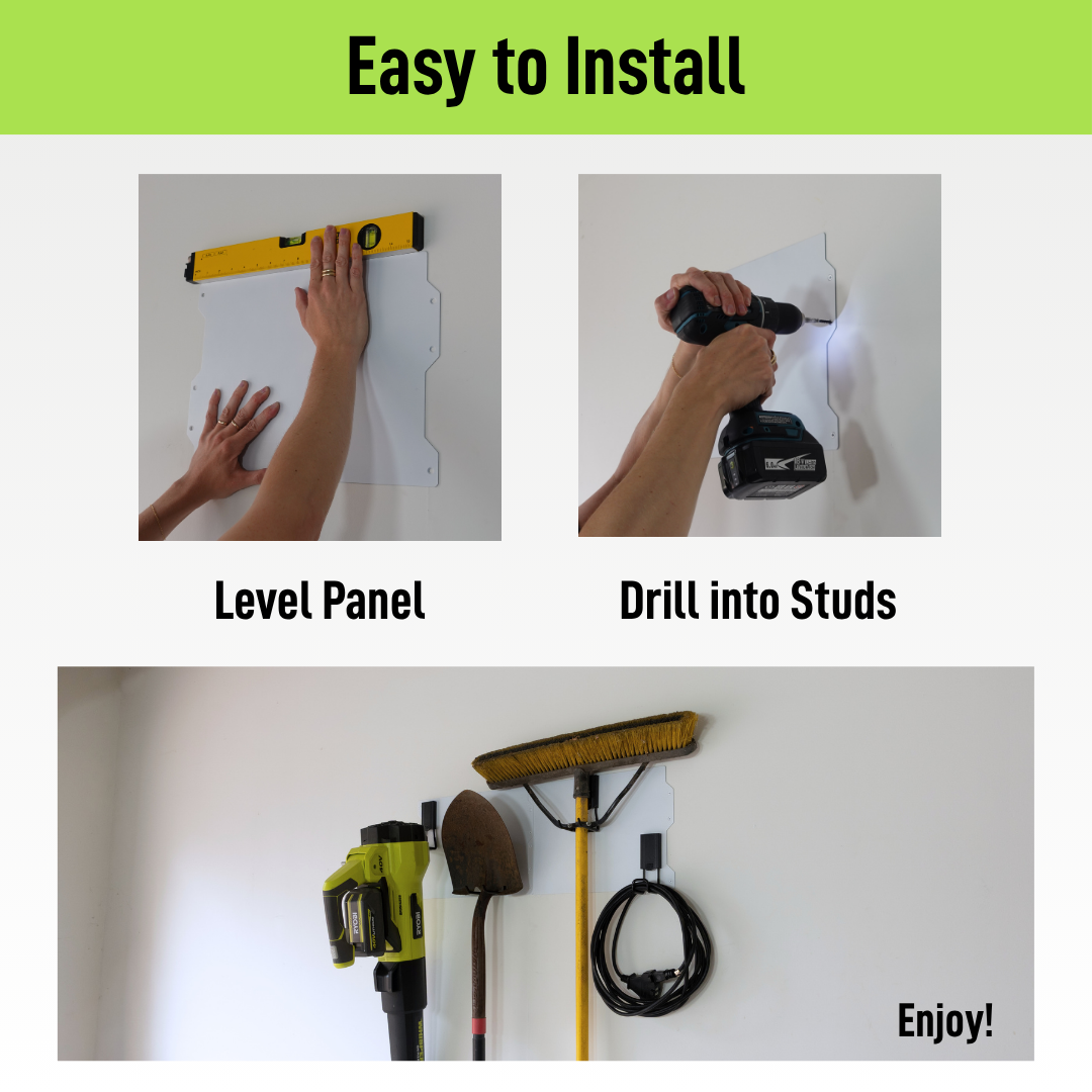 Three-step installation guide for white Gator Magnetics steel wall panels.