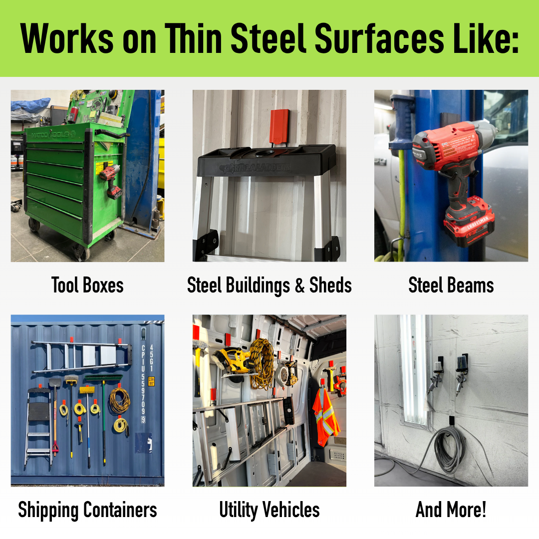 Two Gator magnetic hook use cases holding a cordless drill and ladder on steel surfaces.