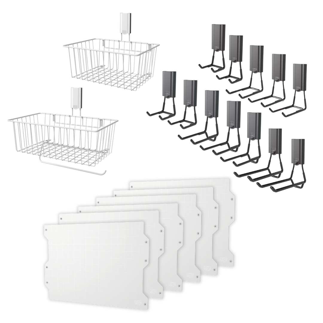 White 100-inch magnetic wall storage kit with steel panels, baskets and magnetic hooks.