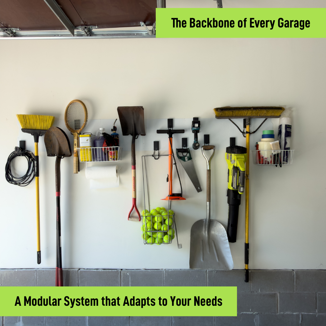 White 100-inch magnetic wall storage system organizing rakes, brooms, tools and baskets.