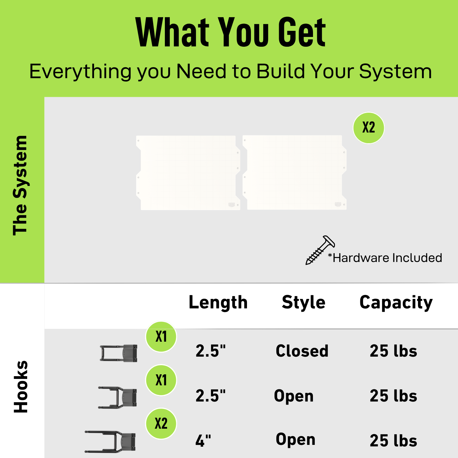 White 34-inch magnetic wall storage kit contents with steel panels and magnetic hooks.