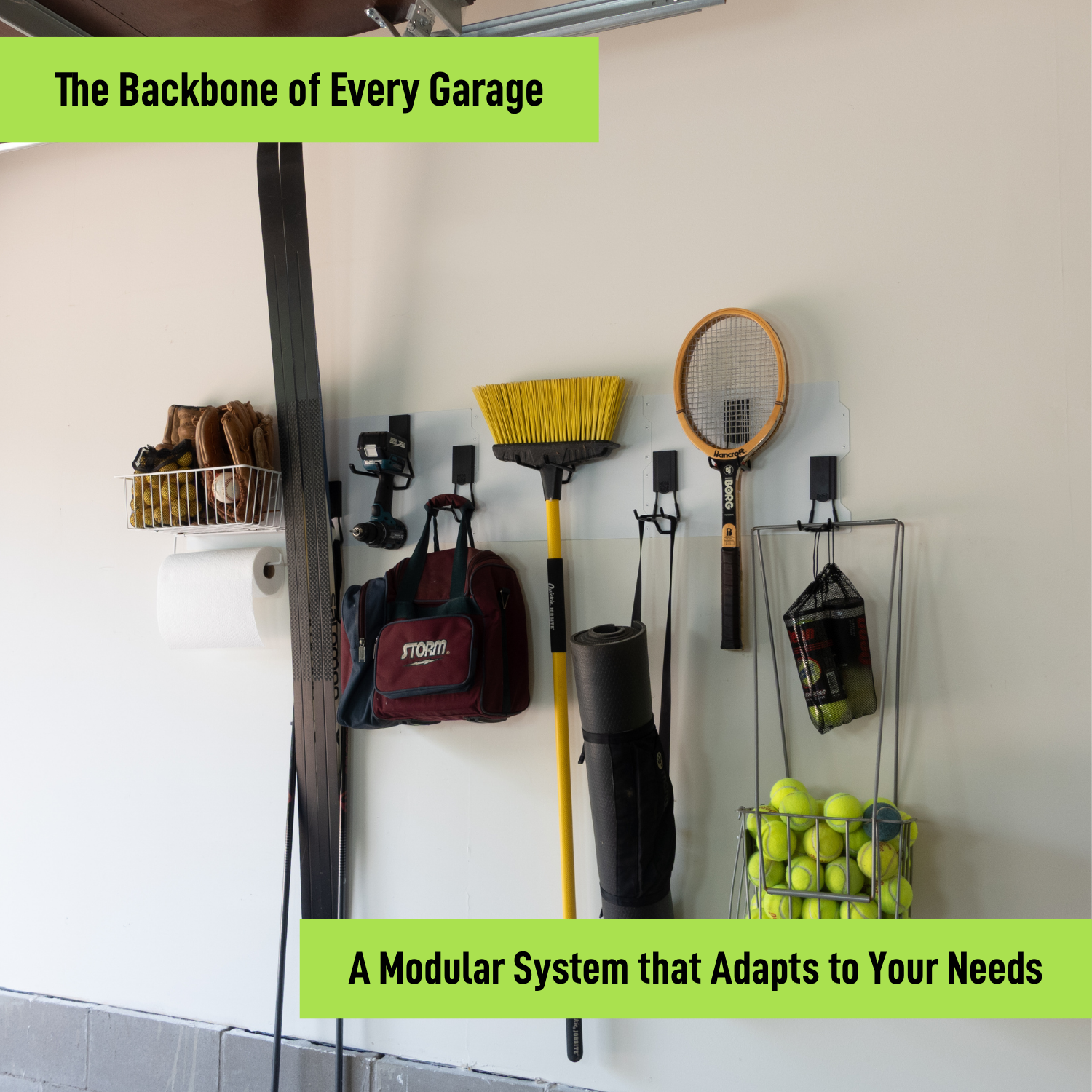 White 67-inch magnetic wall storage system organizing sports gear, bags and yard tools.