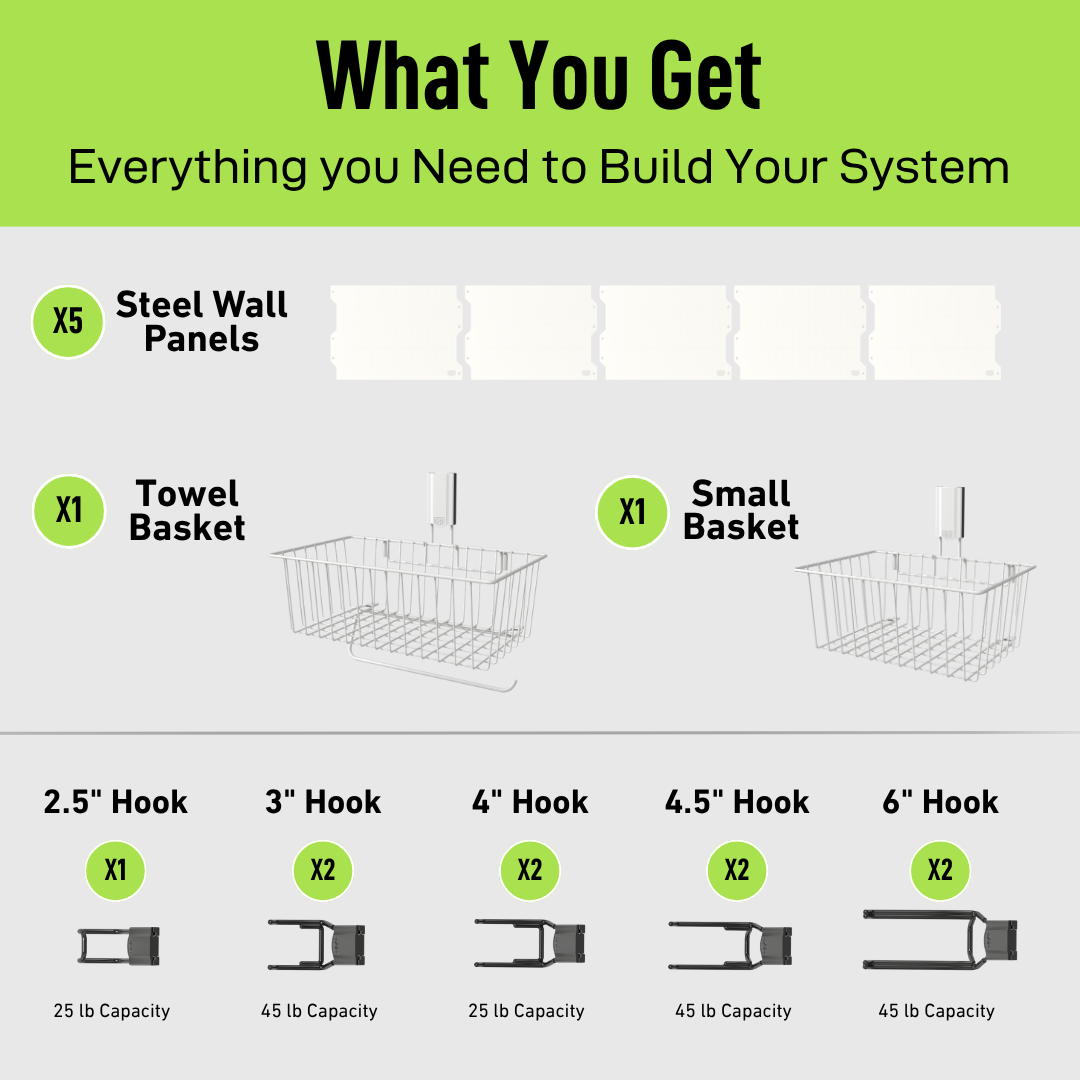 White 84-inch magnetic wall storage kit contents with steel panels, baskets and hooks.