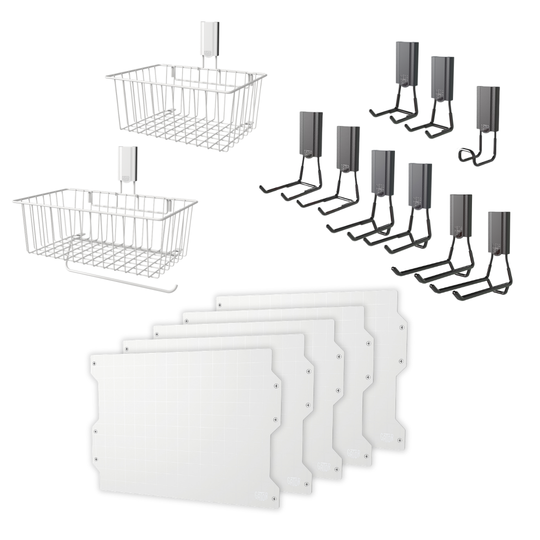 White 84-inch magnetic wall storage kit with steel panels, two baskets and magnetic hooks.