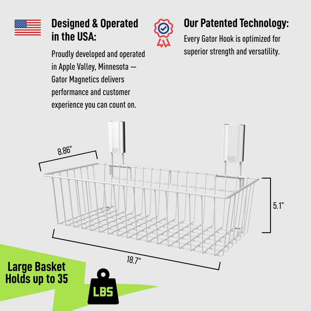 White Gator large magnetic basket dimension diagram with labeled size and weight capacity.