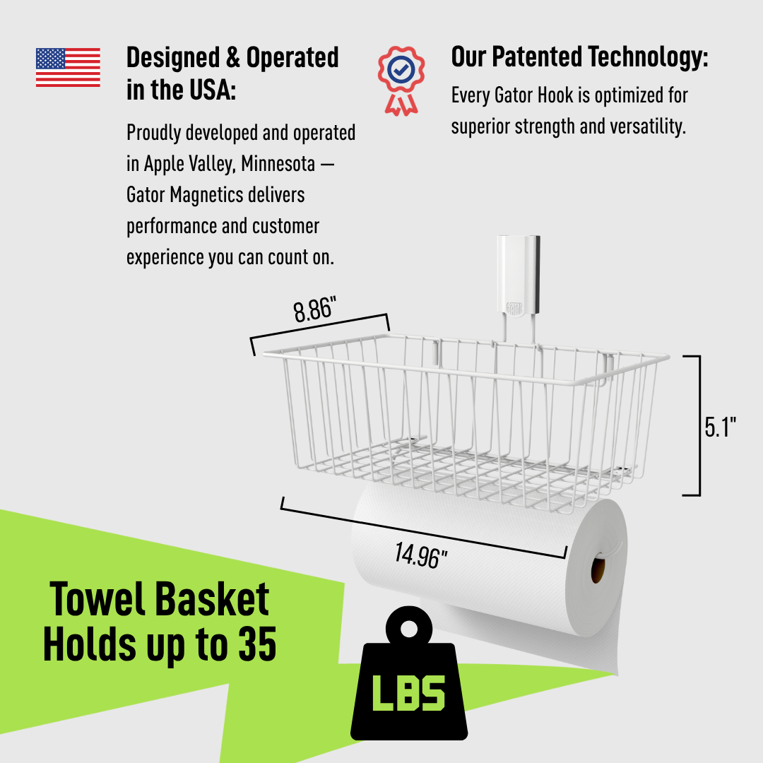 White Gator magnetic basket with towel bar dimension diagram and 35-pound capacity.