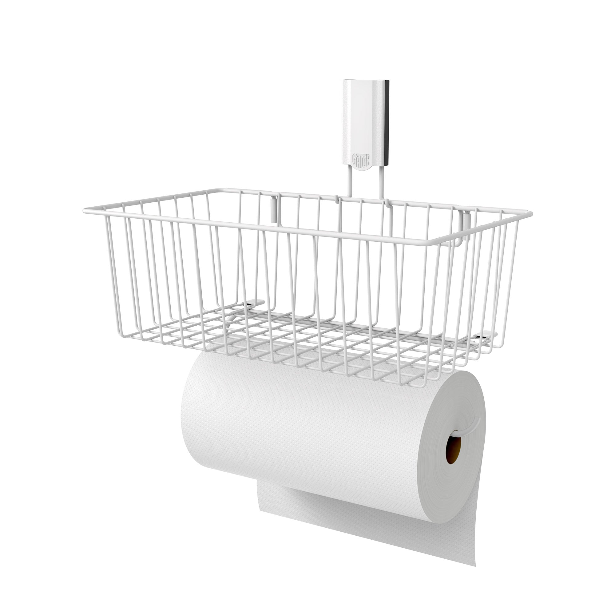 White Gator Magnetics magnetic towel basket with an integrated paper towel holder on a white background.