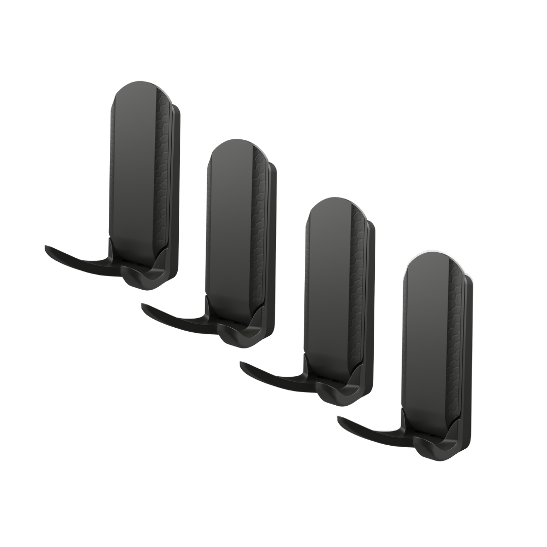 Four-pack of Gator Magnetics black mini hooks featuring heavy-duty magnetic hold and lever lock for versatile storage in any steel-based space.