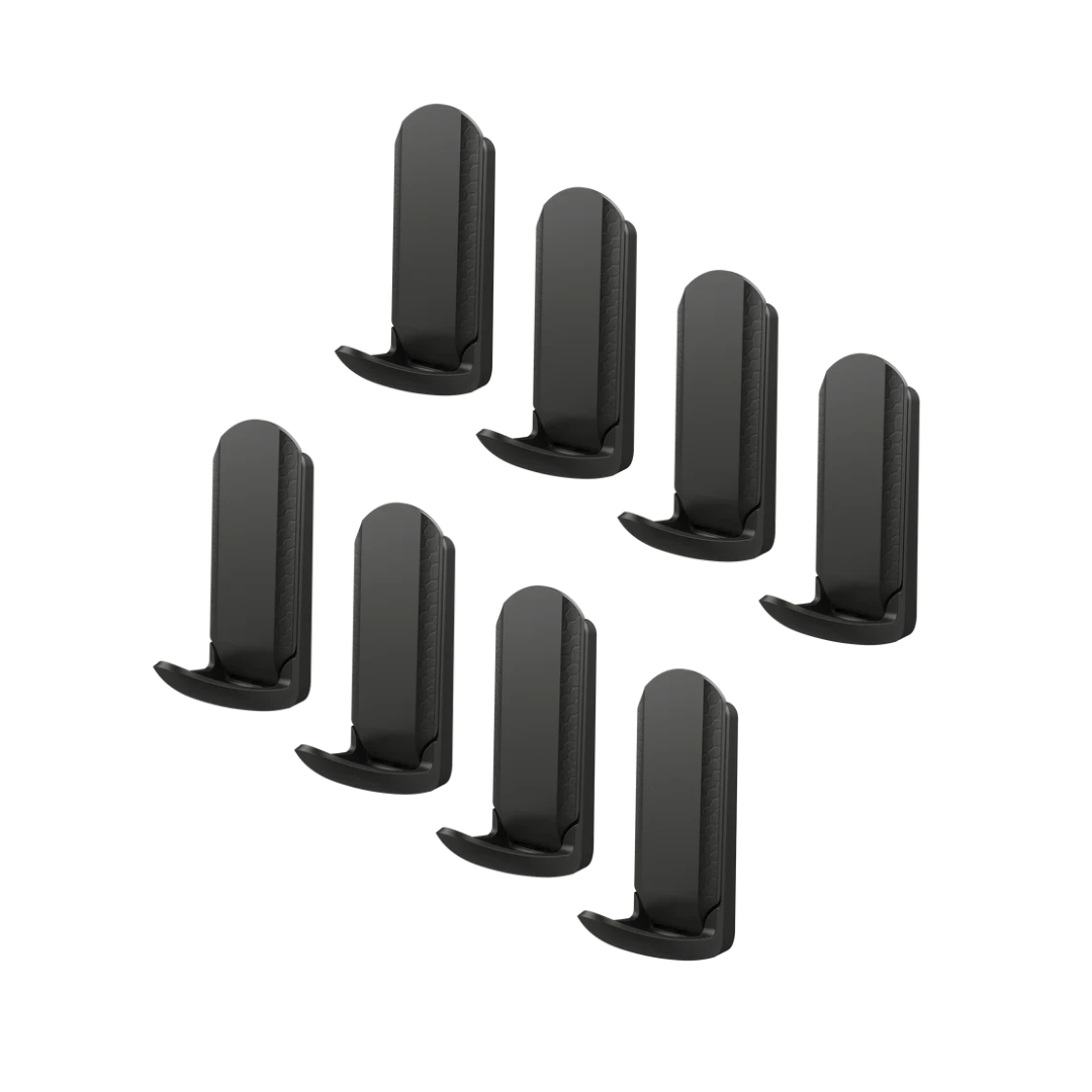 Set of 8 black Gator Magnetics Mini Hooks, designed for heavy-duty magnetic storage on thin steel surfaces. Perfect for organizing tools, keys, and gear in garages, workshops, and utility spaces.