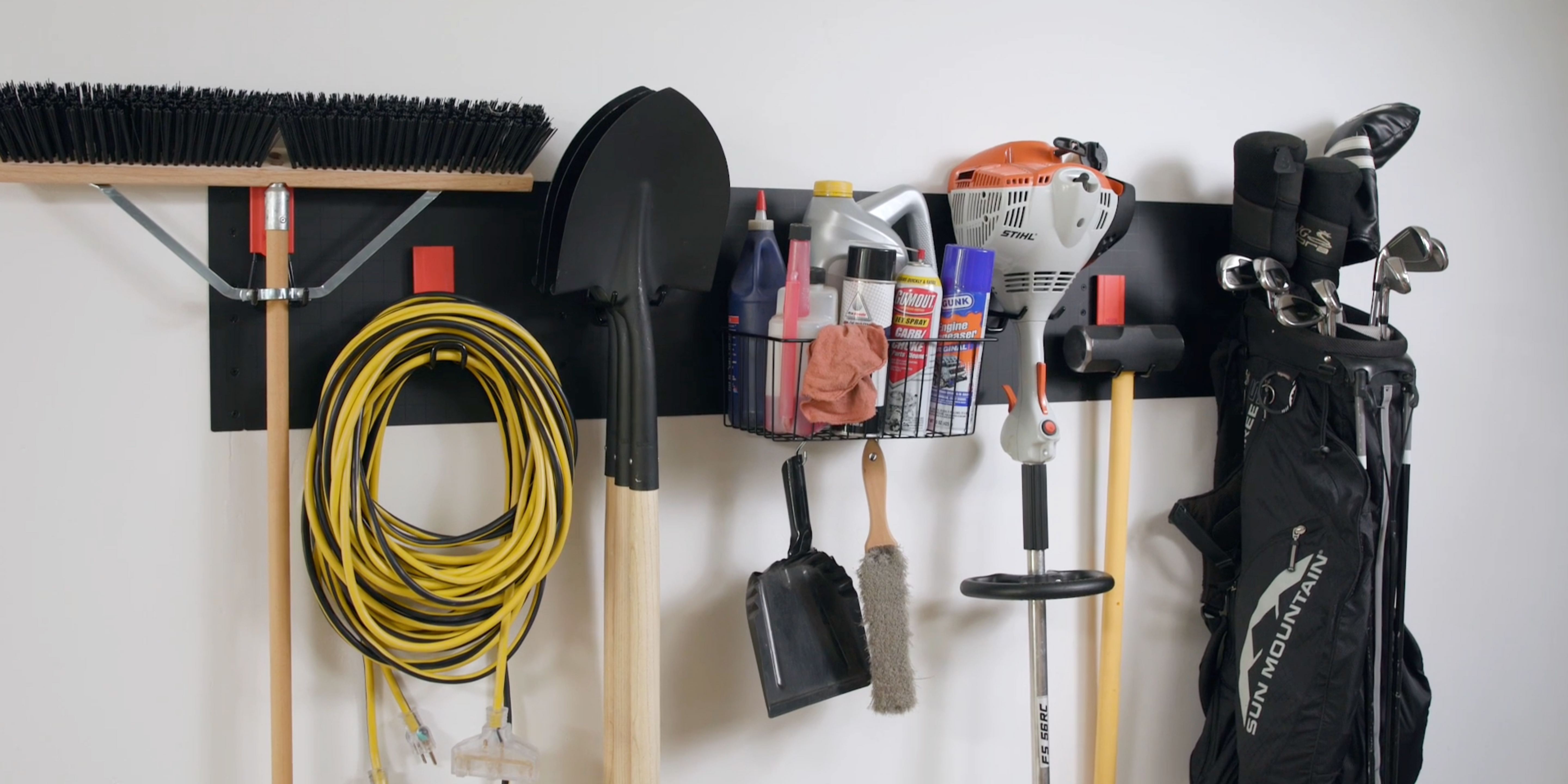 Magnetic organization system for garages that is an alternative to slatwall systems, pegboard systems, and Rubbermaid FastTrack systems.