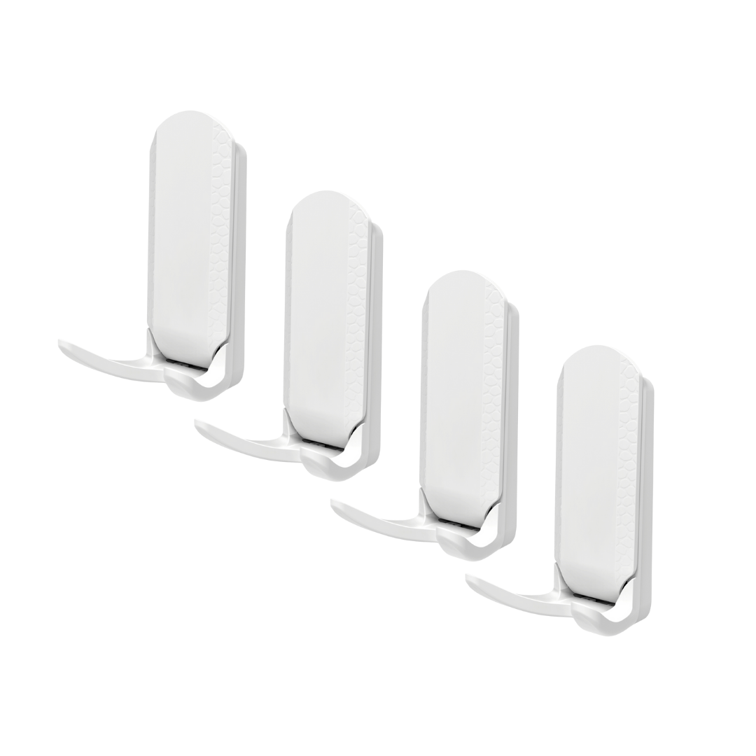Four-pack of Gator Magnetics white mini hooks designed for strong, secure storage on steel surfaces, perfect for kitchens, garages, and workspaces.